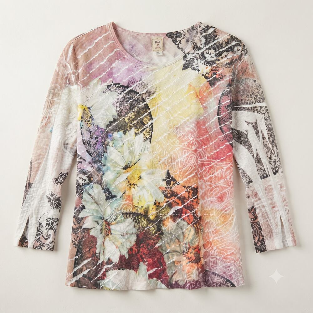 Jess & Jane Womens PL Boho Artsy Eclectic Textured Crinkle Floral Abstract Top